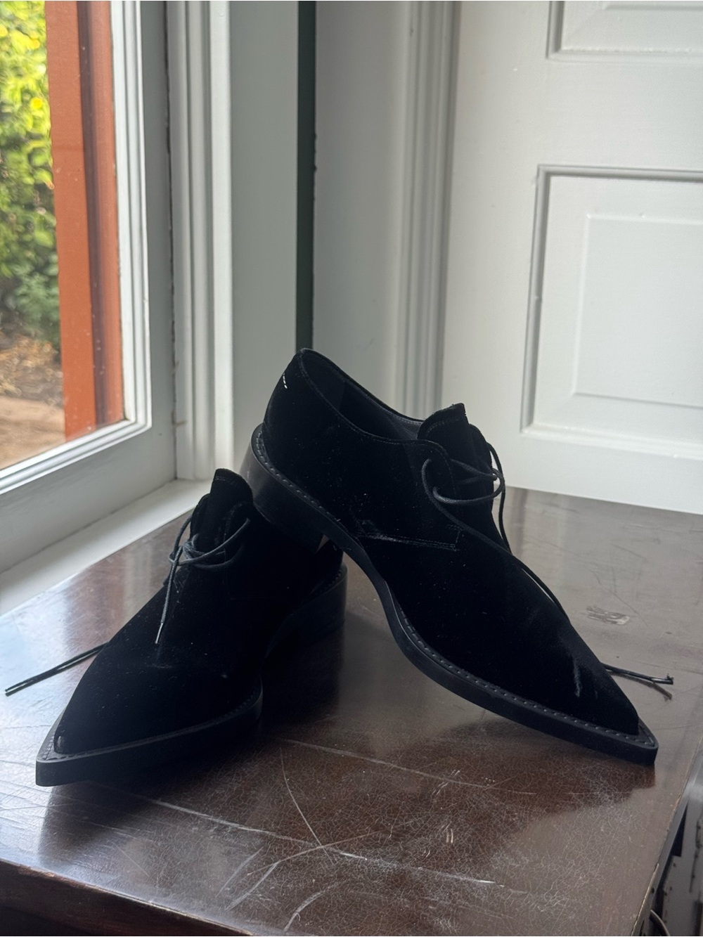 Maison Martin Margiela Black Velvet Pointed Lace-Up Flats